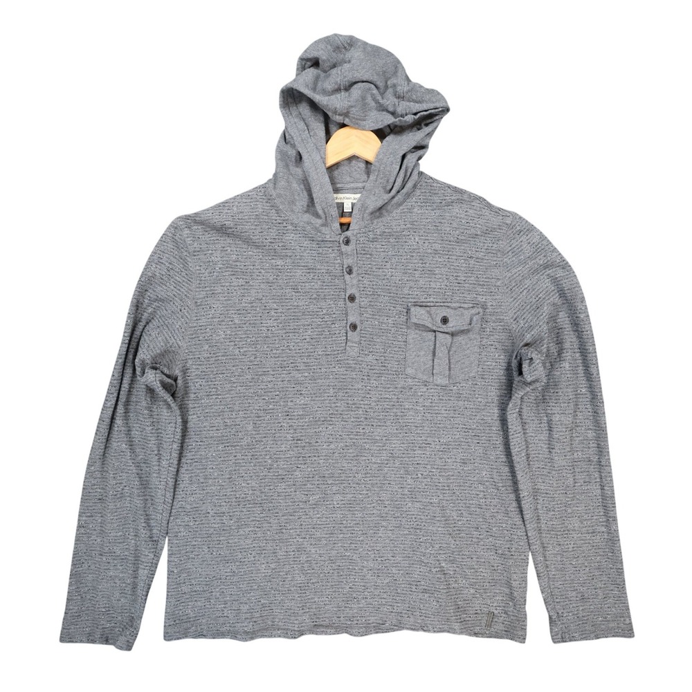 Calvin Klein Jeans Hoodie Mens XL Gray Excellent Henley Pocket Striped